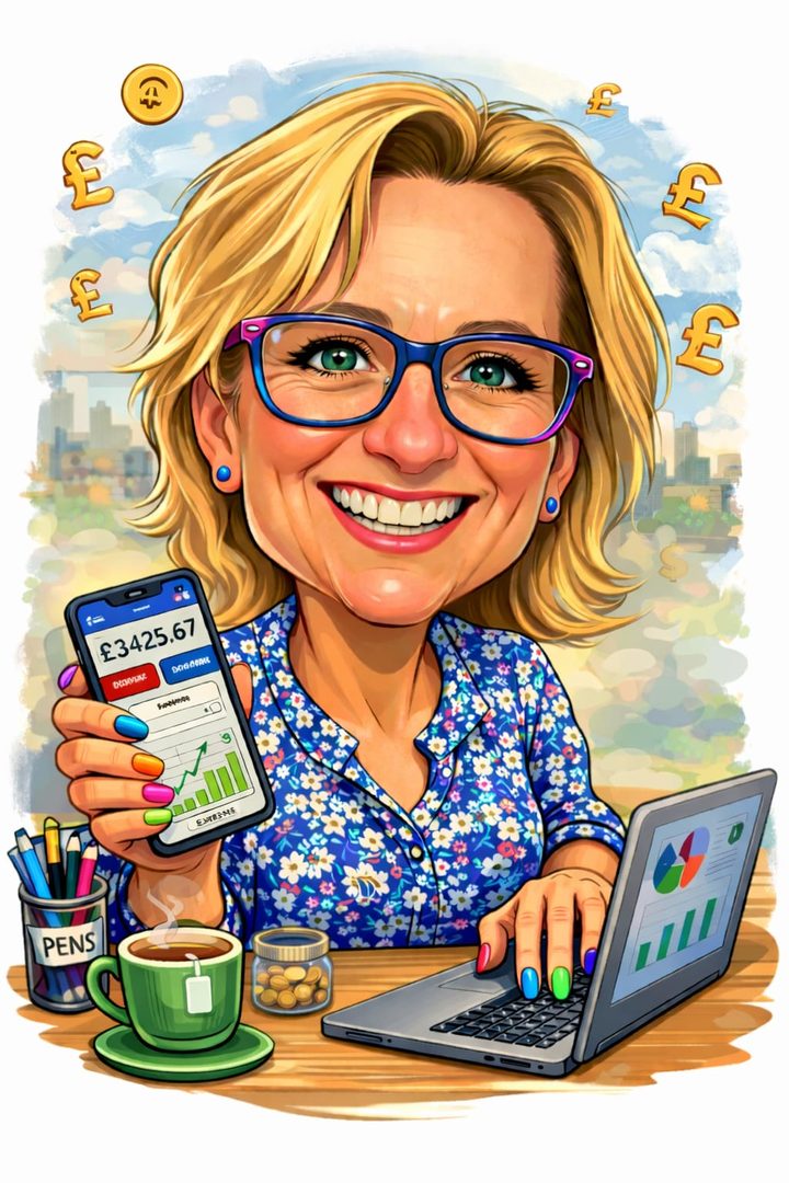 Illustration of Helen smiling at her desk with a laptop, a phone showing her accounts, and a cup of tea
